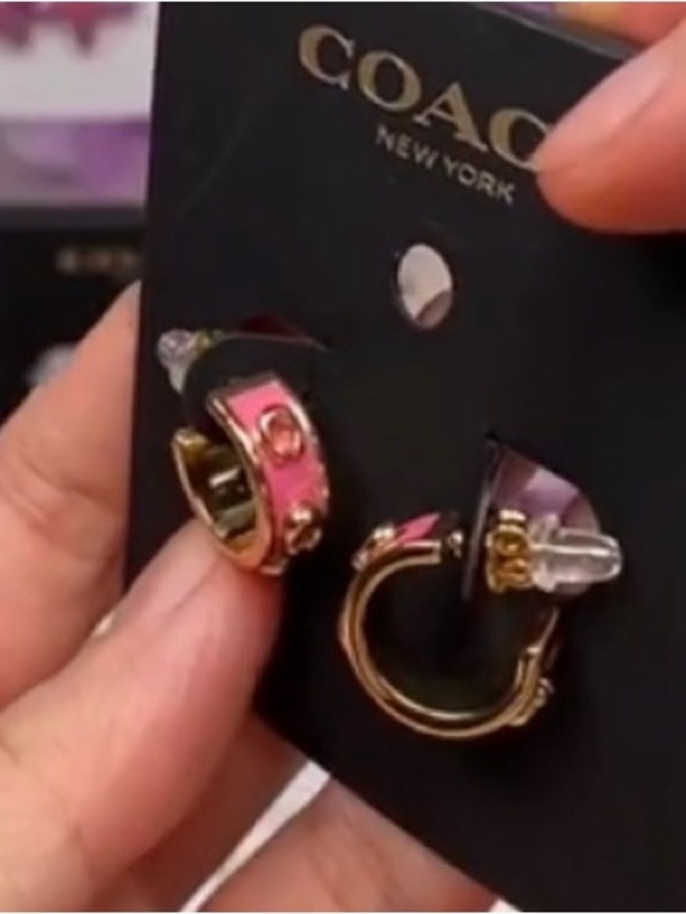 NWT COACH Pink Gold Enamel Signature C Logo Mini Huggie Hoop Earrings - Picture 3 of 10